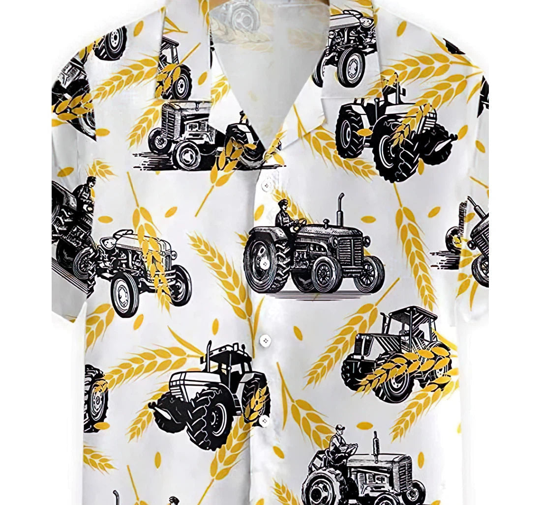 Tractors On Wheat Pattern Summer Clothes Hawaiian Shirt, Button Up Aloha Shirt For Men, Women HO0842