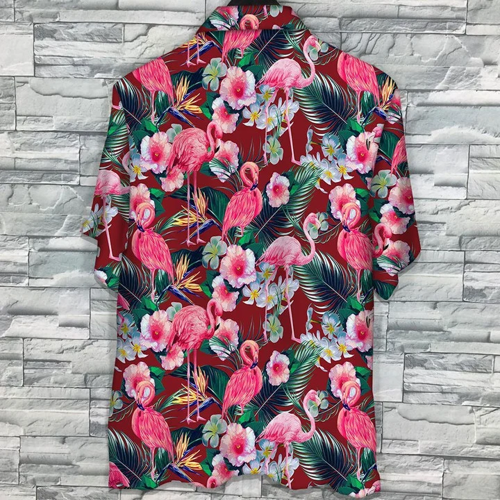 Flamingo Rain Forest Jungle Red Palm Leaves Pattern Hawaiian Shirt HO2191