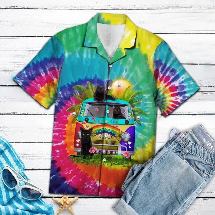 Black Cat Live In The Sunshine Hippie Van Tie Dye Themed Hawaiian Shirt HO2059