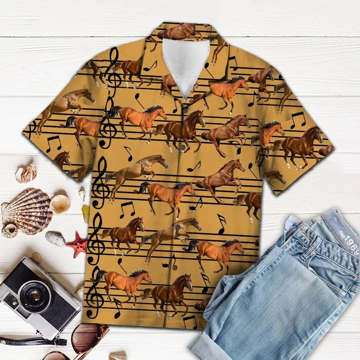 Vintage Brown Horse Love Music Notes Pattern Hawaiian Shirt HO1935