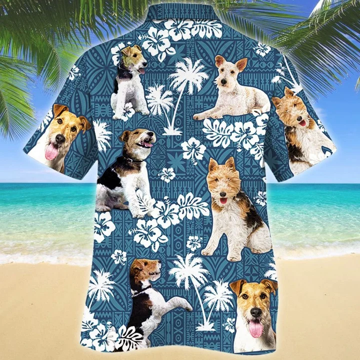 Smart Wire Fox Terrier Dog Blue Tribal Pattern Tropical Forest Hawaiian Shirt HO1965