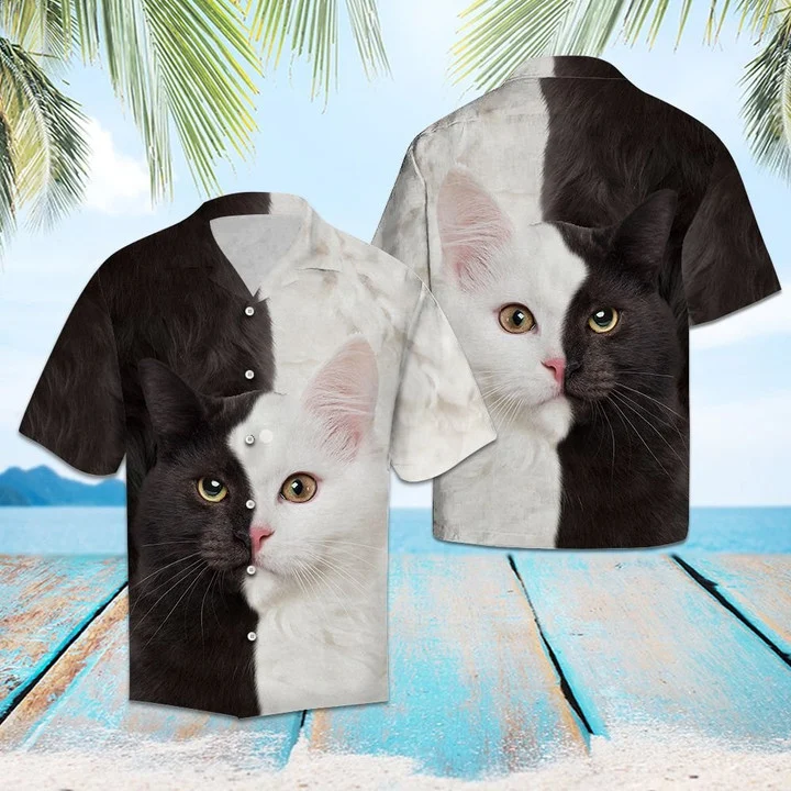 Awesome Cat Black And White Portrait Pattern Hawaiian Shirt HO1910