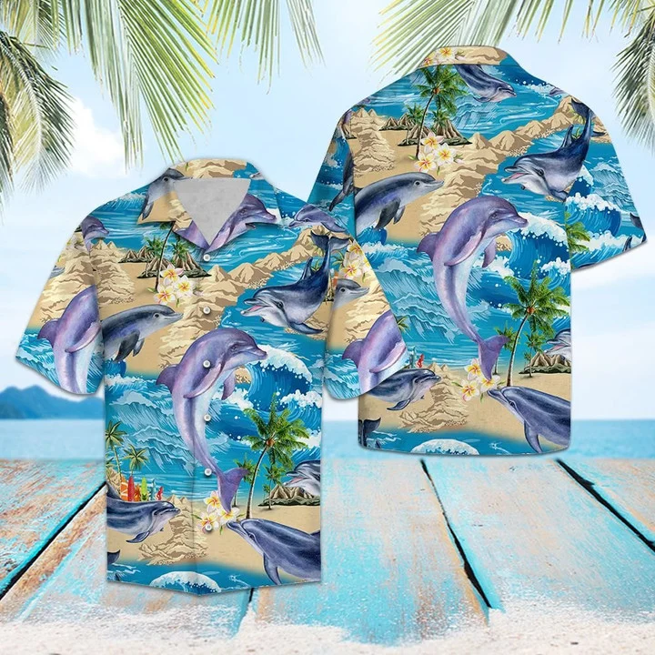 Awesome Dolphin Summer Vacation Ocean Wave Pattern Hawaiian Shirt HO1763