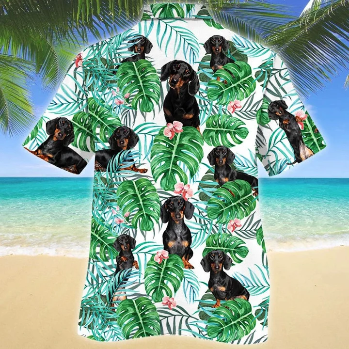 Dachshund Dog Tropical Plant White Theme Hawaiian Shirt HO1883