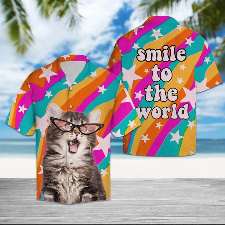 Cute Pink Glasses Cat Smile To The World Hawaiian Shirt, Gift for cat lovers HO1862