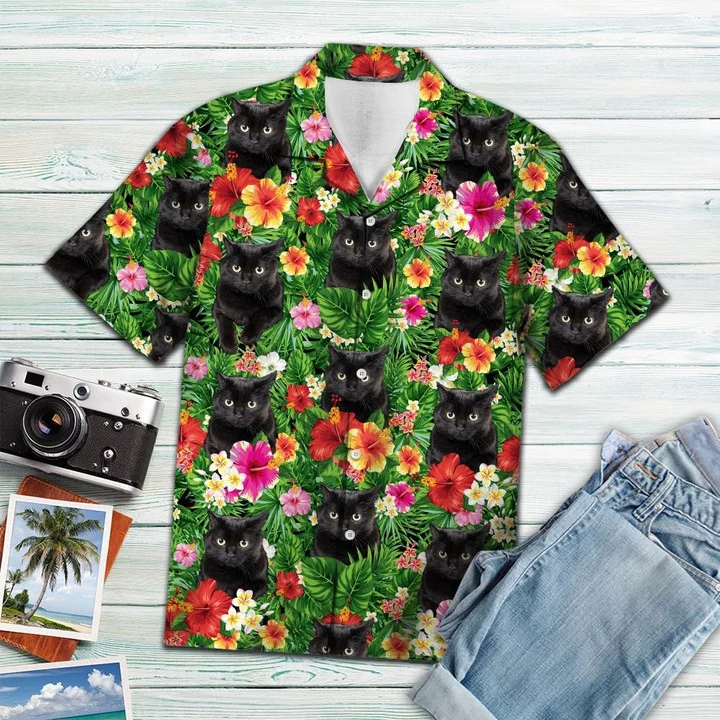 Hiding Black Cat And Flower Tropical Flower Leaves Hawaiian Shirt, black cat aloha hawaii shirt for men, women HO1727