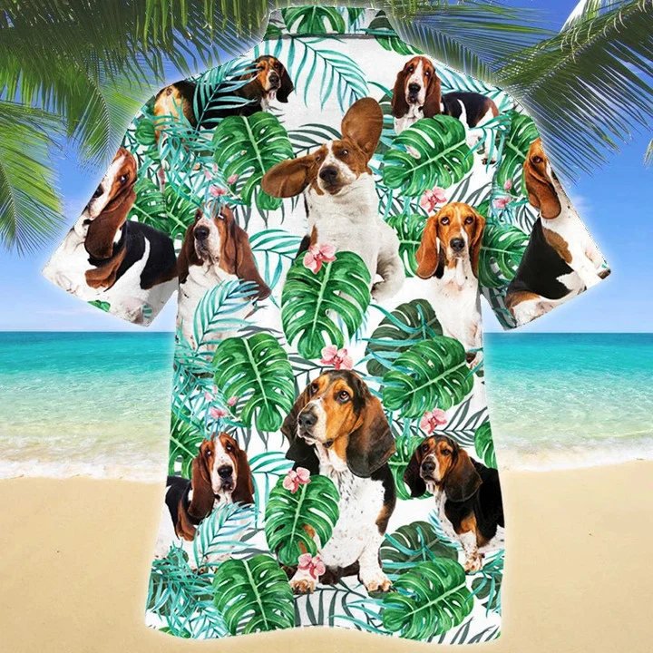 Basset Hound Dog Tropical Plant Leaves Pattern Hawaiian Shirt, Short Sleeve Hawaiian Aloha Shirt HO1708