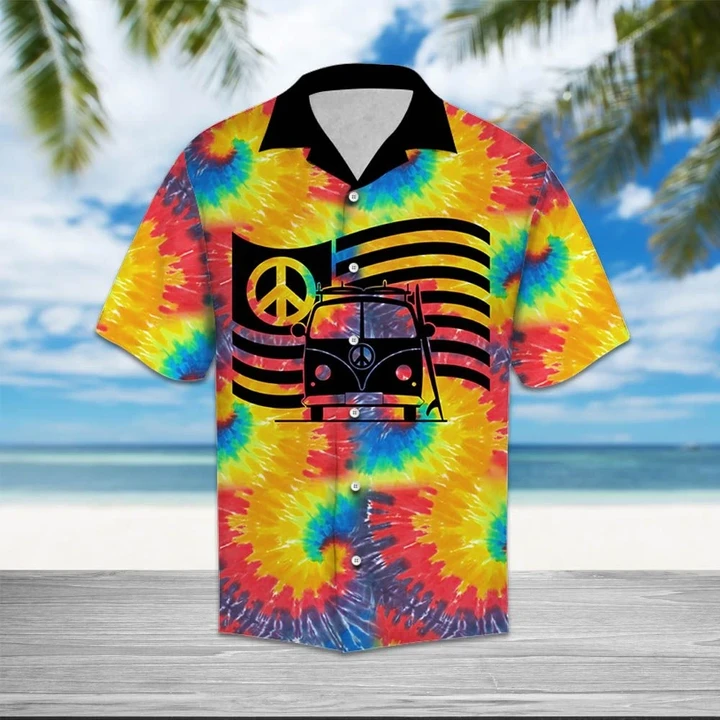 Hippie Car Humankind Be Both Peace Sign Flag On Swirl Tie Dye Hawaiian Shirt HO1405