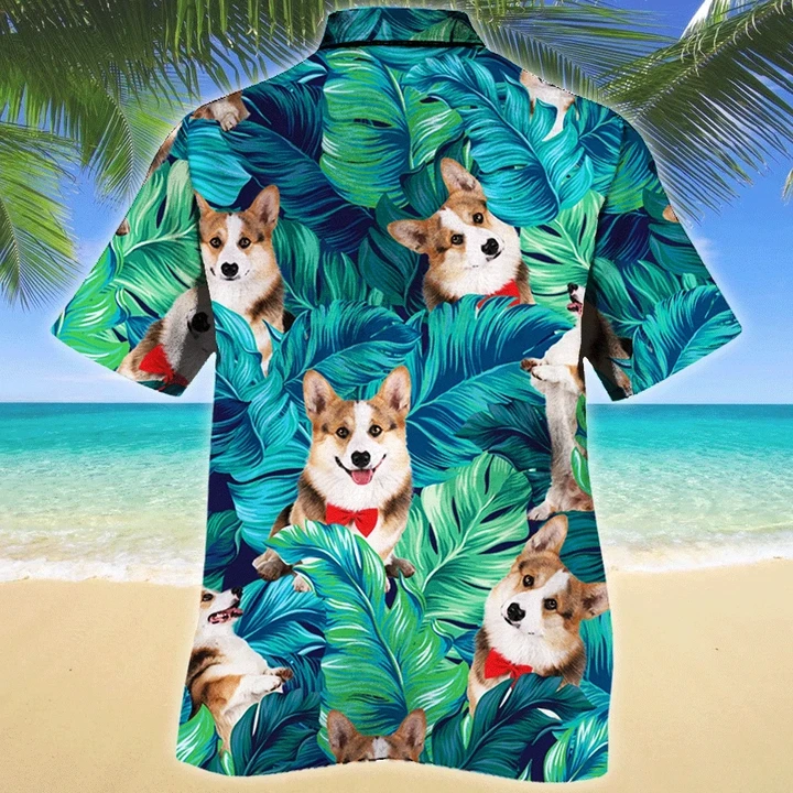 Welsh Corgi Dog Green And Blue Stripe Hawaiian Shirt HO1410