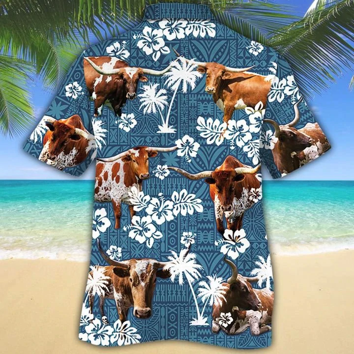 Tx Longhorn Cattle Lovers Blue Tribal Hawaiian Shirt, Cow Hawaiian shirts for men, Women HO0225