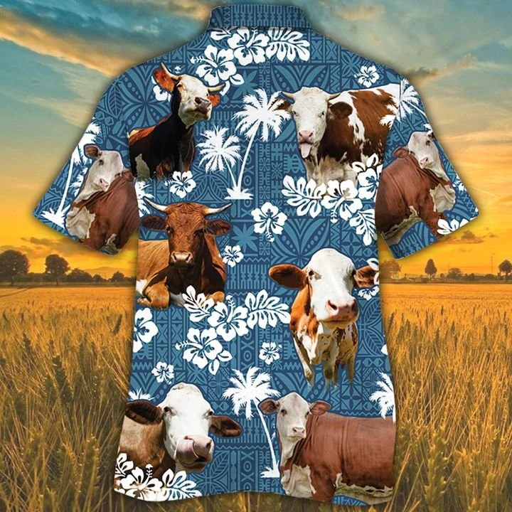 Simmental Cattle Lovers Blue Tribal Pattern Hawaiian Shirt HO1481