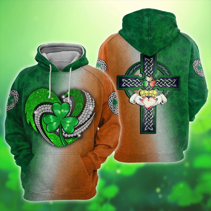 Irish Saint Patrick Day 3D All Over Printed Unisex Shirt, Heart Glitter Shamrock Center Shirt PO0172
