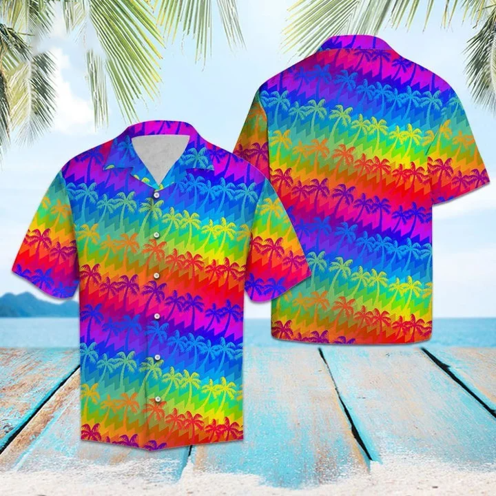 Beach Shirt Lgbt Rainbow Coconut Palm Hawaii Shirt , Rainbow Hawaiian Shirt HO4524