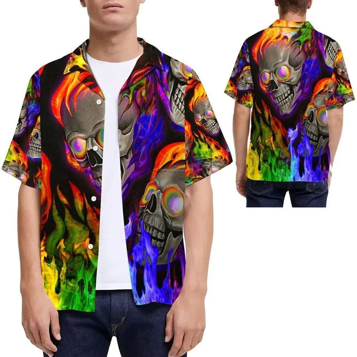 Gay Hawaiian Shirts, Beach Shirt Lgbt Pride Rainbow Flame Skull Hawaii Shirt HO4542
