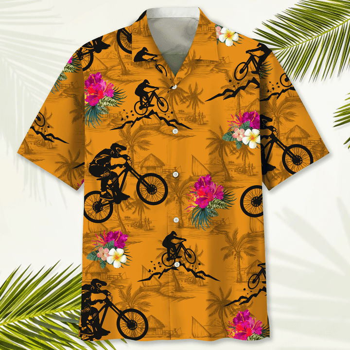 Mountain Bike Nature Flower Hawaiian Shirt, Men's Hawaiian Shirt Tropical Aloha Shirts Short Sleeve Beach Holiday Casual Shirts HO2982