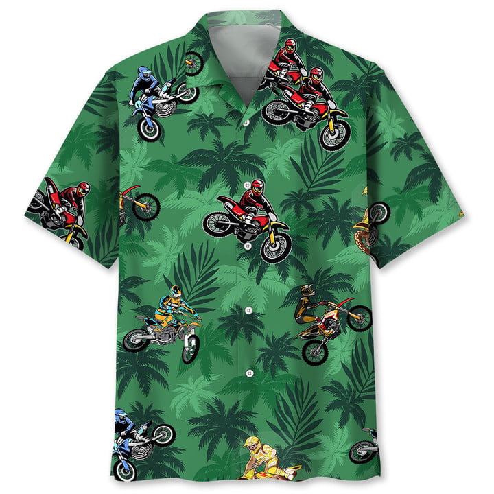 Motocross Green Tropical Hawaiian Shirt, Short Sleeve Summer Vacation Beach Shirts for men HO3405