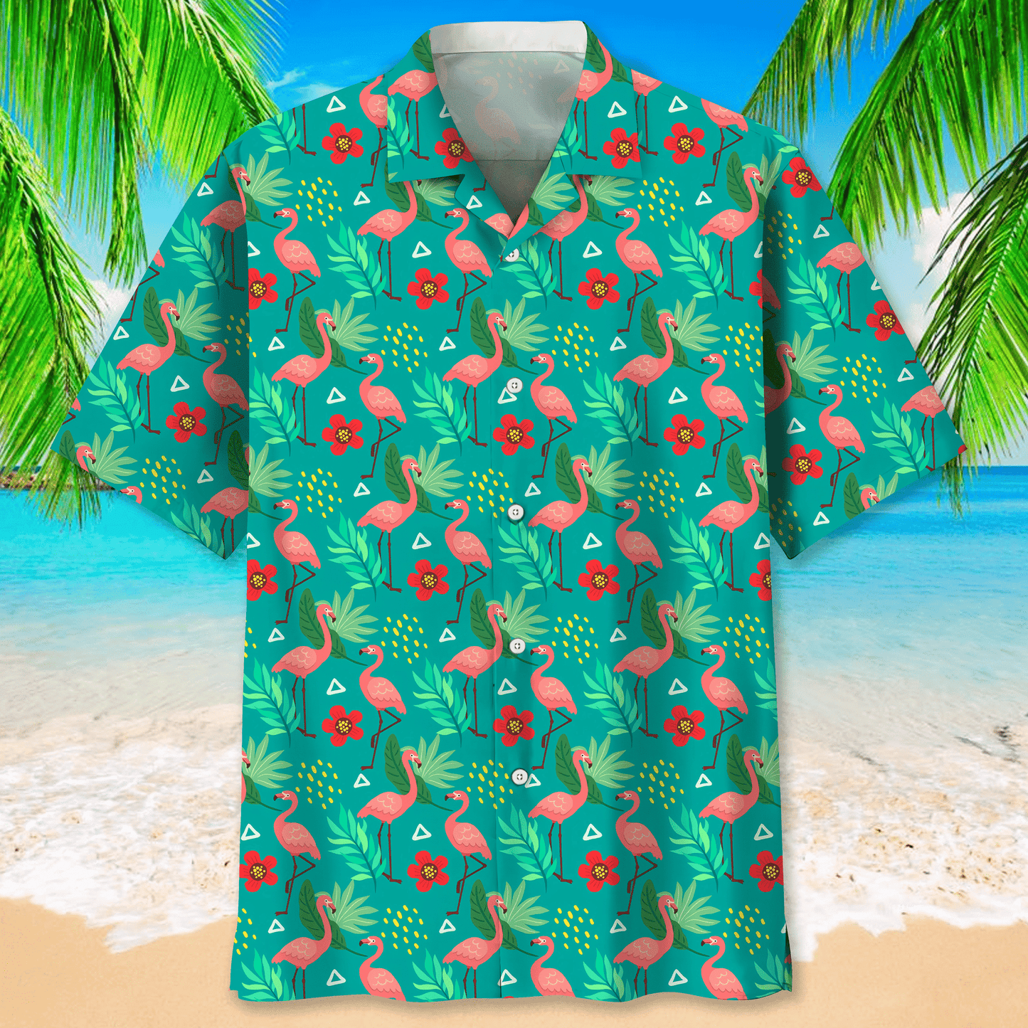 Flamingo Green Tropical Hawaiian Shirt, Aloha Shirts Short Sleeve Beach Holiday Casual Shirts HO2988