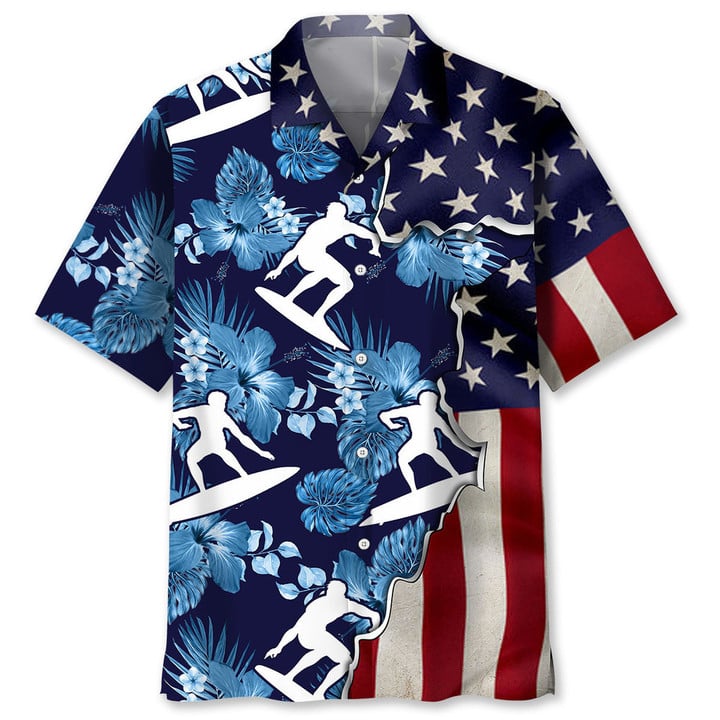 Surfing Tropical Us Flag Hawaiian Shirt, Short Sleeve Summer Vacation Beach Shirts for men HO3398