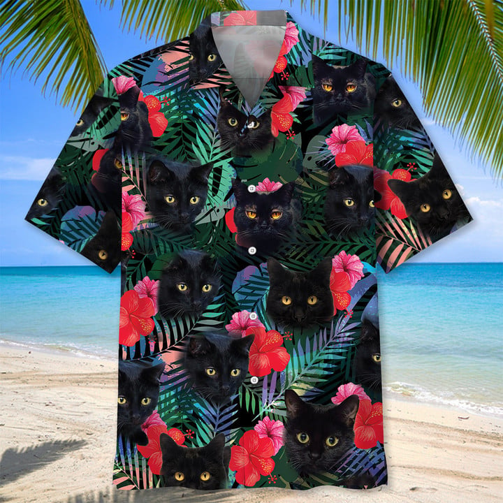 black cat caribbean palms Black Cat Tropical Hawaiian Shirt, Unisex Summer Beach Casual Short Sleeve Summer Vacation Beach Shirts HO3378