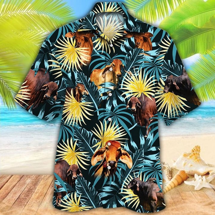 Brahman Cattle Blue And Yellow Tropical Plants Hawaiian Shirt, Aloha Shirt HO3585
