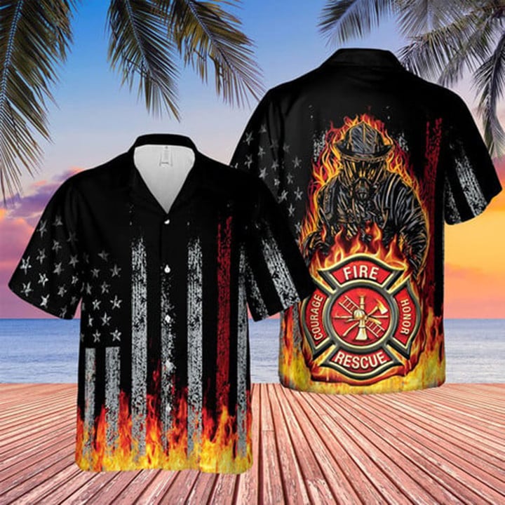 Black Flag American Firefighter Bagde Fired Hawaiian Tshirt, Hawaiian Shirt Short Sleeves HO3646