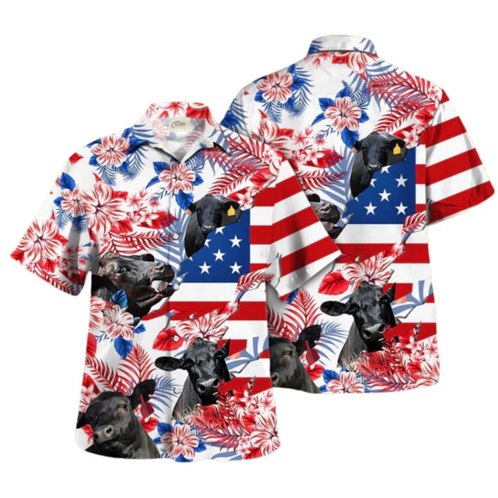 Black Angus Hawaiian Shirts, Black Angus In American Flag Pattern Tropical Flower Hawaiian Shirt, Haiwaiian Shirt Hot HO3575