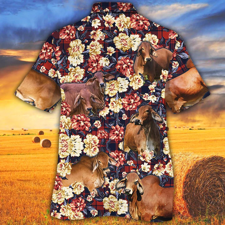 Red Brahman Cattle Red Plaid Hawaiian Shirt men, Cow Hawaiian Shirt, Summer Hawaiian shirt, Animal shirt HO2525