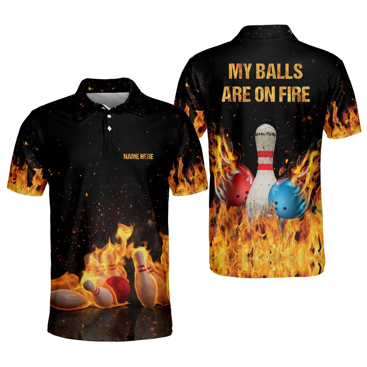 Lasfour Men's Custom Bowling Shirt, Flame Short Sleeve Bowling Shirts For Men, Fire Bowling Ball