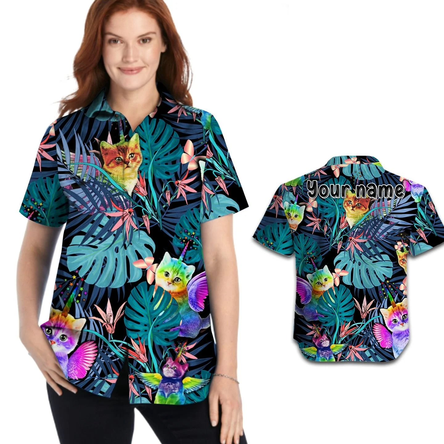 Custom Name Women Hawaiian Shirt For Lgbt Community, Cute Cat Lgbt Flag HO5515