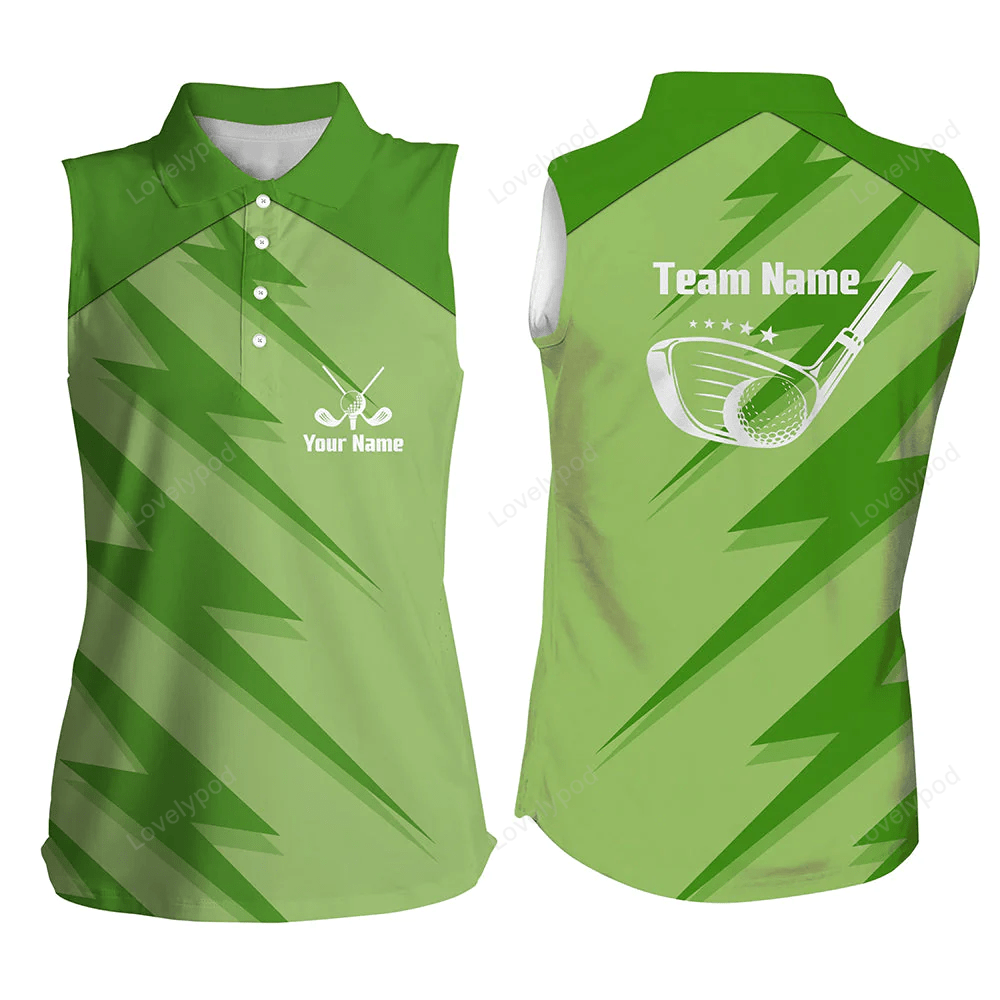 Womens sleeveless polo shirts green lightning, custom name and team name golf shirt, golfing gifts GY0240