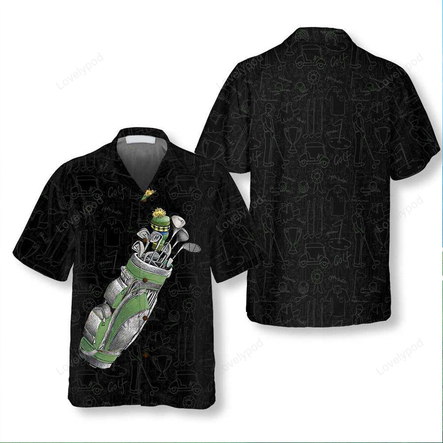 Green golf bag on golfer pattern hawaiian shirt, golfing items pattern shirt, best gift for golfers GY0129