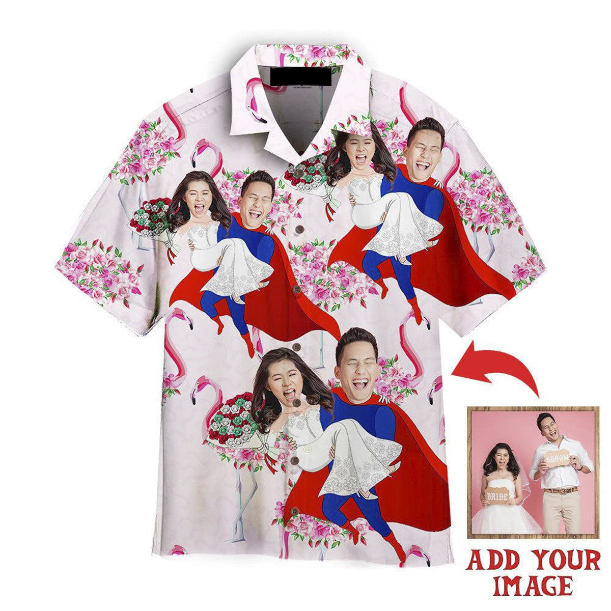 Funny Custom Face Beautiful Happy Wedding Couple Pink Flamingo Custom Hawaiian Shirt, Personalized Hawaiian Shirts, Custom Photo Hawaiian Shirt HO4224
