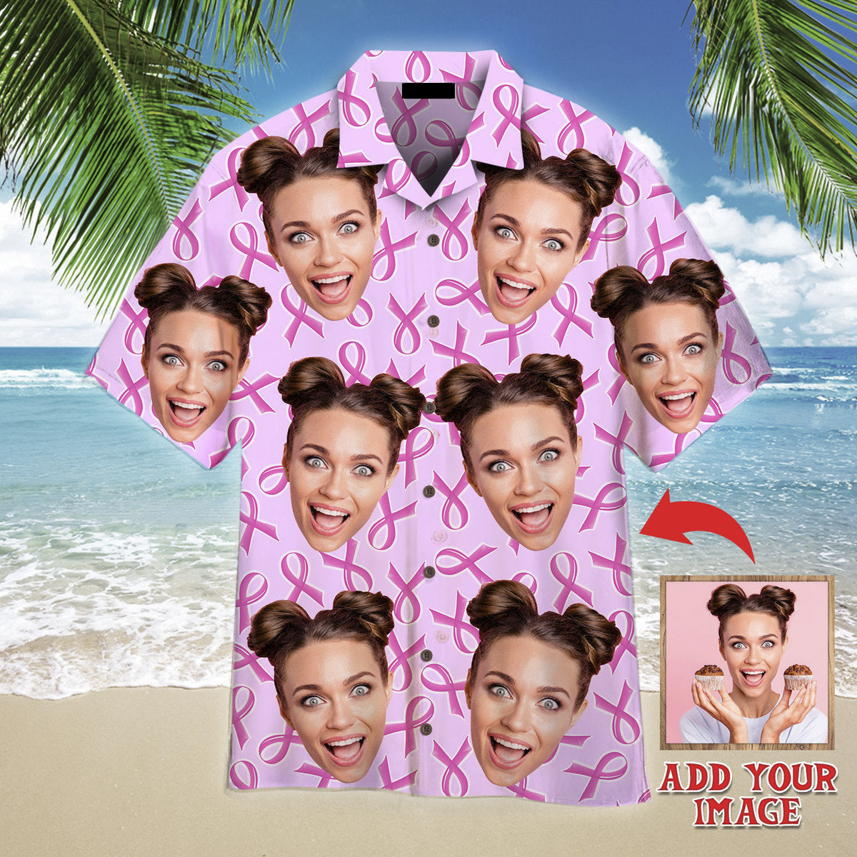 Custom Face On Breast Cancer Ribbons Awareness Custom Hawaiian Shirt, Personalized Hawaiian Shirts, Custom Photo Hawaiian Shirt HO4226