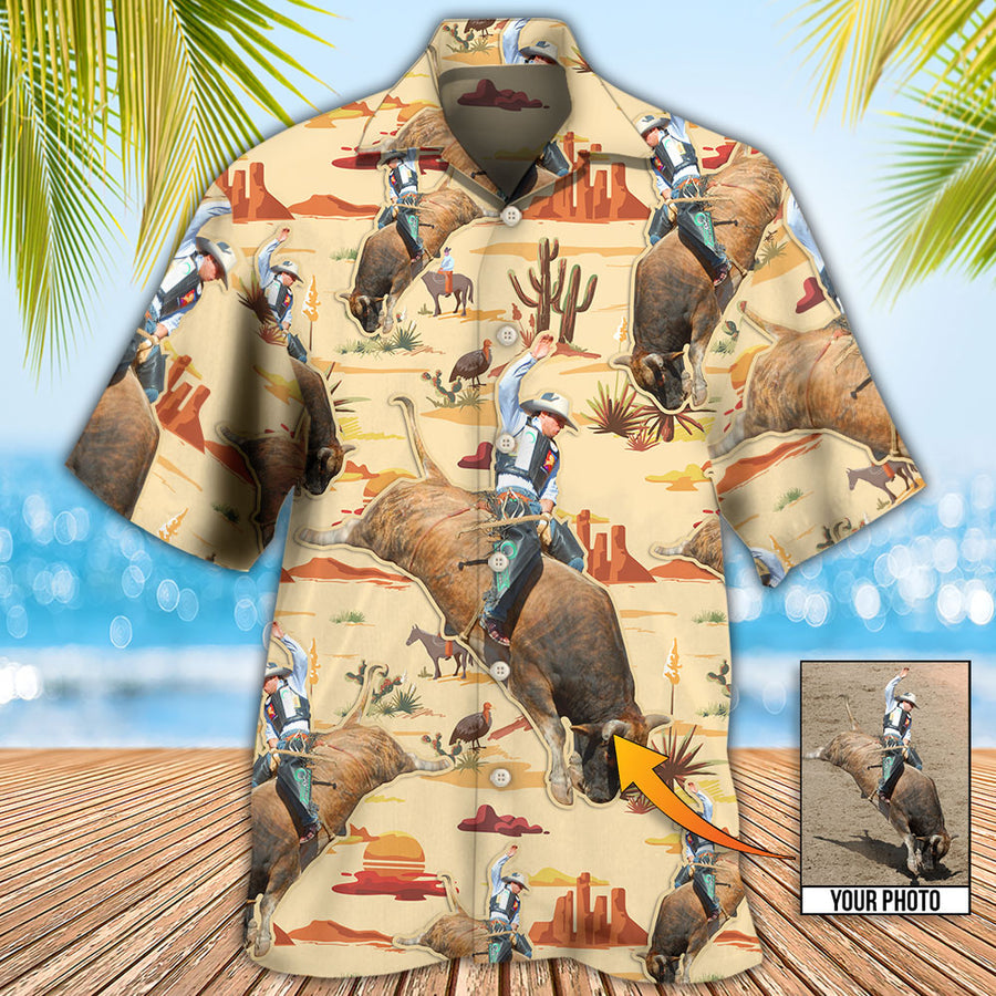 Cowboy Bull Riding Tropical Custom Photo Hawaiian Shirt, Personalized Hawaiian Shirt, Cowboy Shirt HO0038