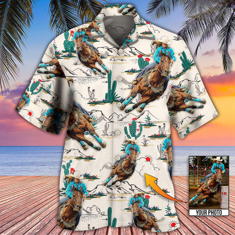 Cowboy Barrel Racing Tropical Desert Custom Photo Hawaiian Shirt, Perfect Gift for Men Women, Horse Shirt HO4248