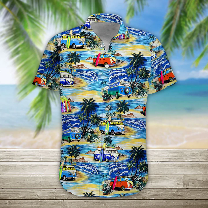 thumbnail image 2 of Men's Blue Hawaiian Shirt – Stag Beach / Aloha Theme, Short Sleeve, V-Neck, 100% Terivoile Polyester 2 of 6