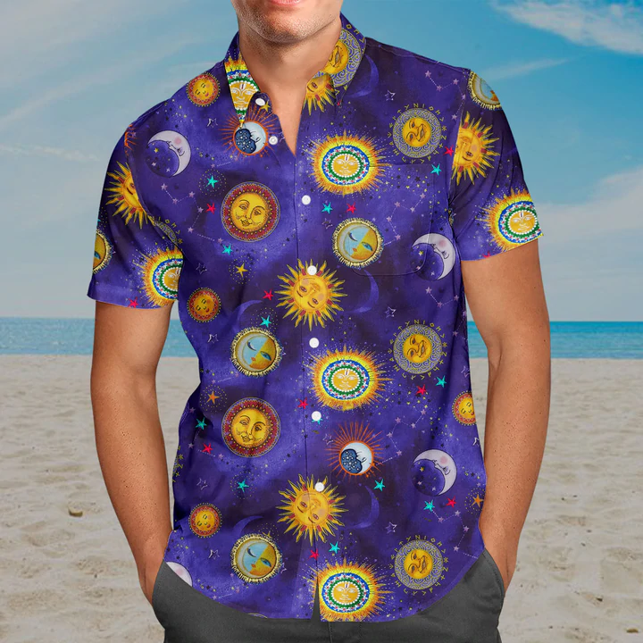 3D Sun And Moon Hippie Hawaii Shirt, Hawaiian Shirts for Men Print Button Down Shirt HO1082