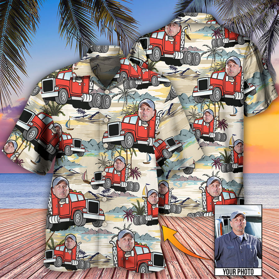 Truck Driver Tropical Beach Custom Face Photo Hawaiian Shirt, Perfect Gift for Men, Truck Driver Uniform Shirt HO4266