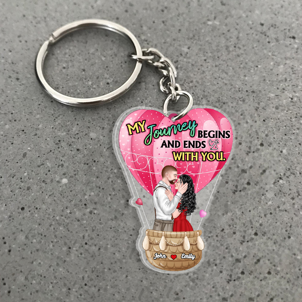 My Journey Begins And Ends With You, Couple Gift, Personalized Photo Keychain, Kissing Couple Hot Air Balloon Keychain KO0015