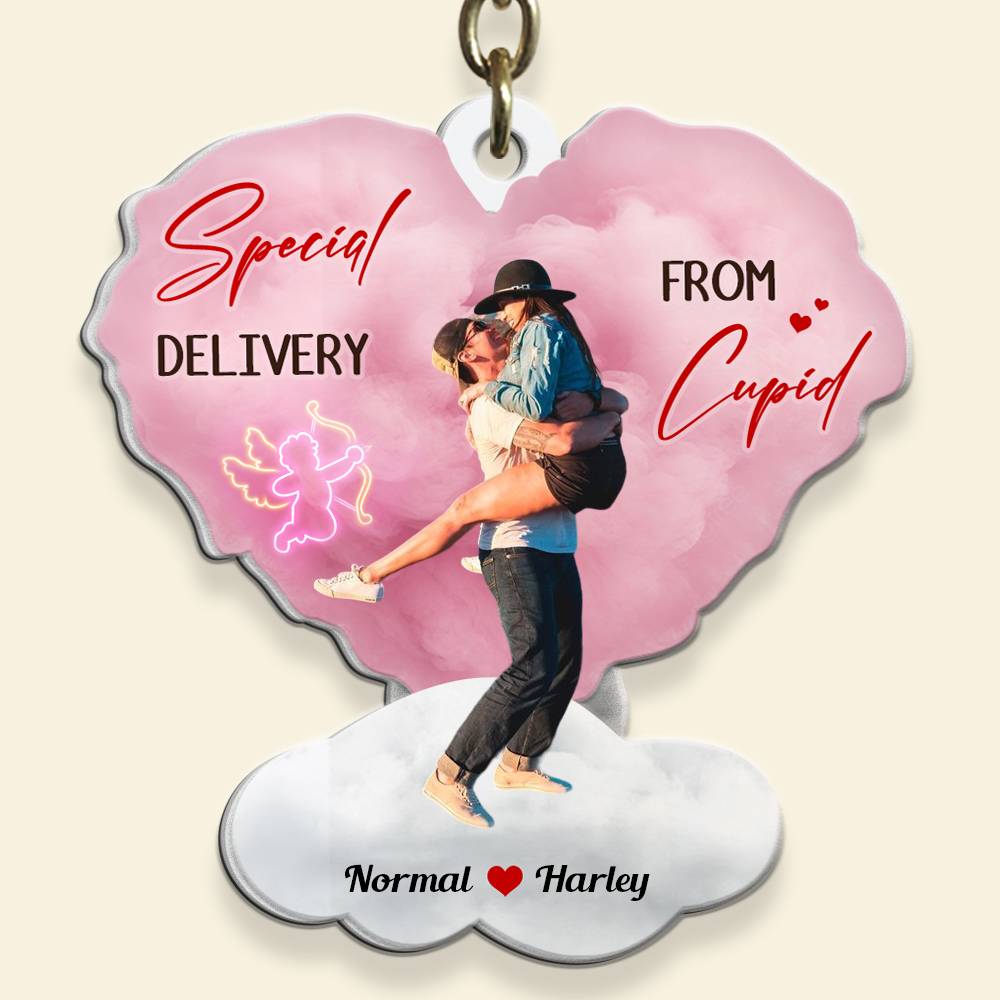 Special Delivery From Cupid, Personalized Upload Photo Keychain, Romantic Love Couple Gifts KO0012