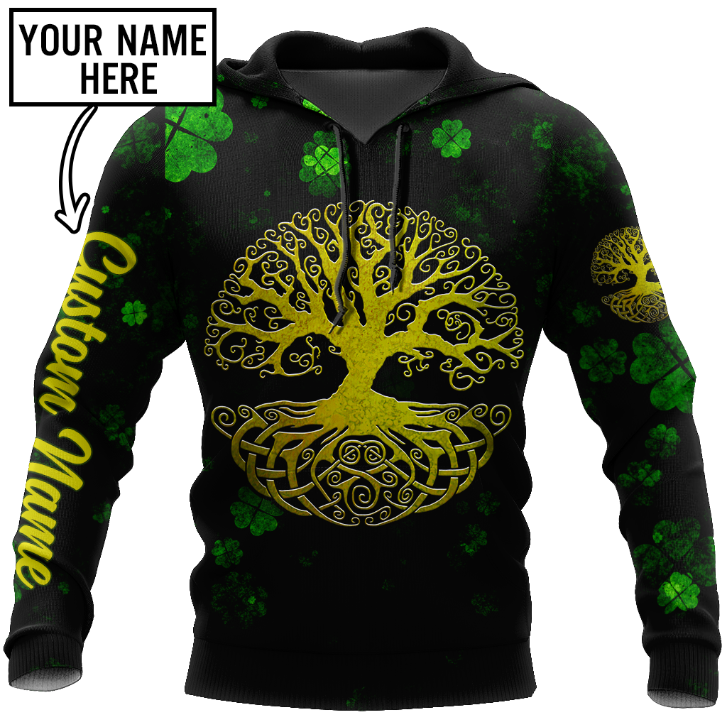 3D All Over Print Irish Tree Of Life Golden, Custom Name St Patrick's Day Pattern Shamrock 3D Shirt PO0302