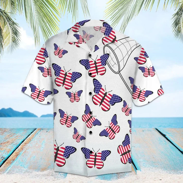 Amazing Butterflies With American Flag Hawaiian Shirt, Short Sleeve Hawaiian Aloha Shirt for men HO1847