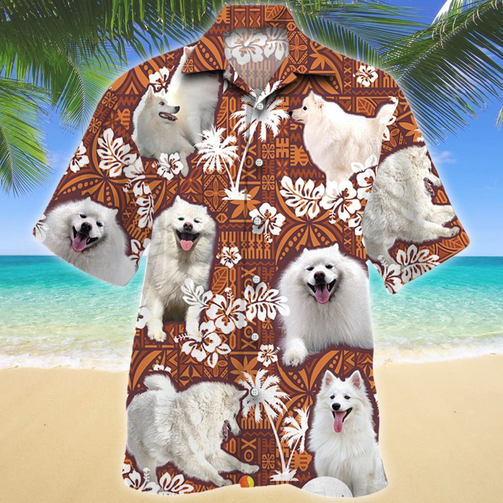 American Eskimo Dog Red Tribal Pattern Hawaii Shirt, Dog Hawaiian Shirt Men, Short Sleeve Hawaiian Aloha Shirt HO2317