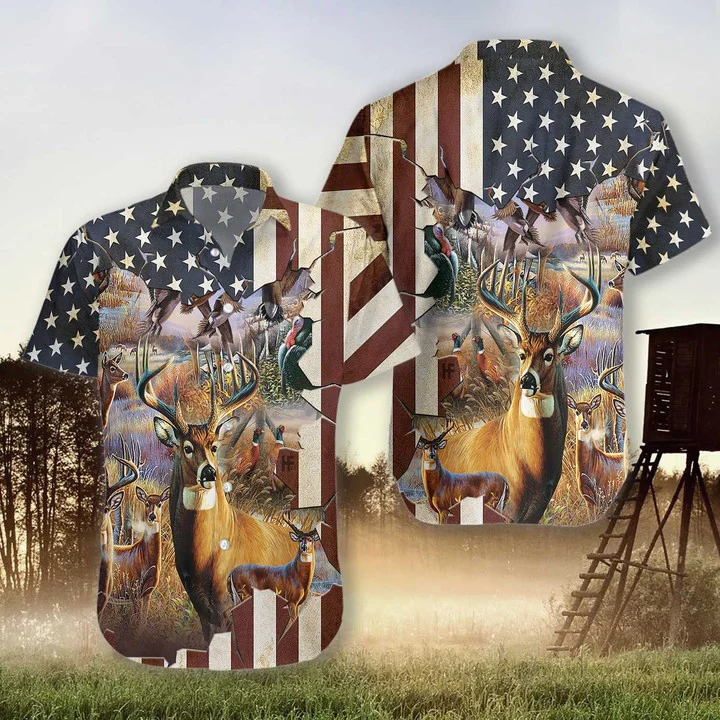 American Hunter Rustic US Flag Pattern Hawaiian Shirt HO1187
