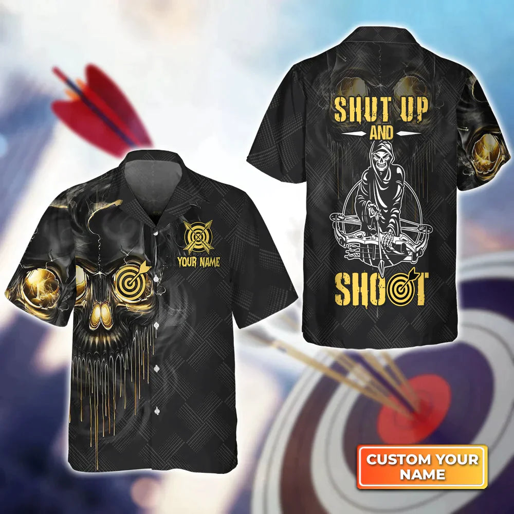 Archery Skull Shut Up and Shoot Personalized Name 3D Hawaiian Shirt, Gift For Archer Sport Lovers, Gift For Archer HO4142