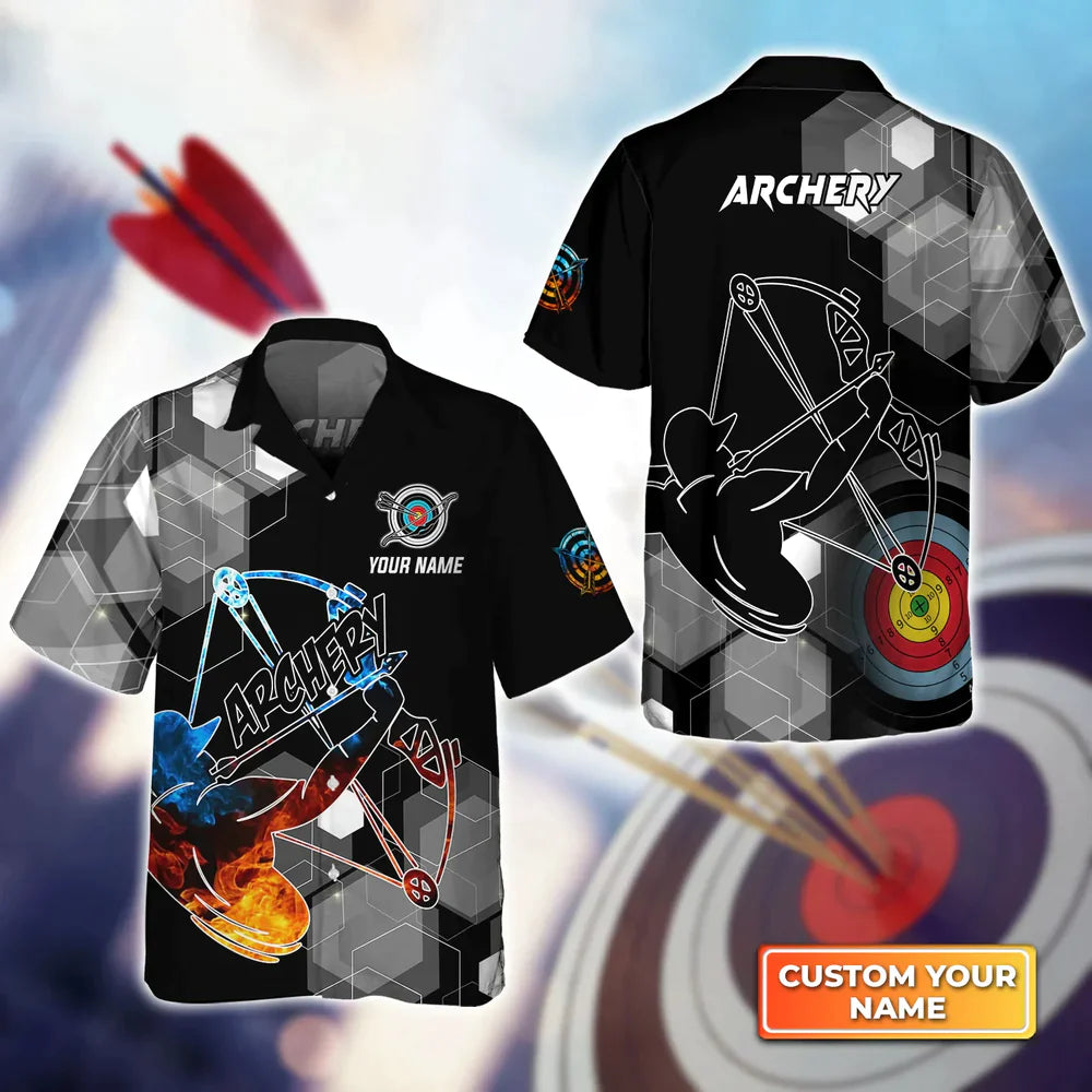 Lasfours Archery Summer Short Sleeve Shirts Personalized Name 3D Target Bow Hawaiian Shirt AA0126