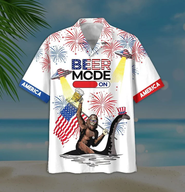 Beer Mode On Bigfoot Ufo White Hawaiian Shirt, Short Sleeve Hawaiian Aloha Shirt for men HO1840