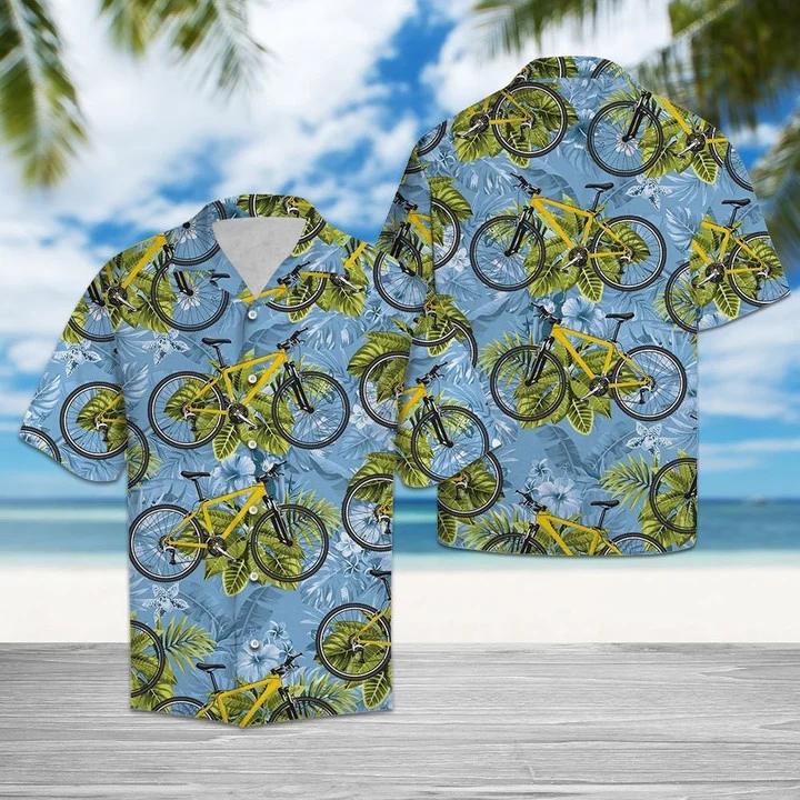 Biking Tropical Leaves On Bike Blue Themed Hawaiian Shirt HO2058