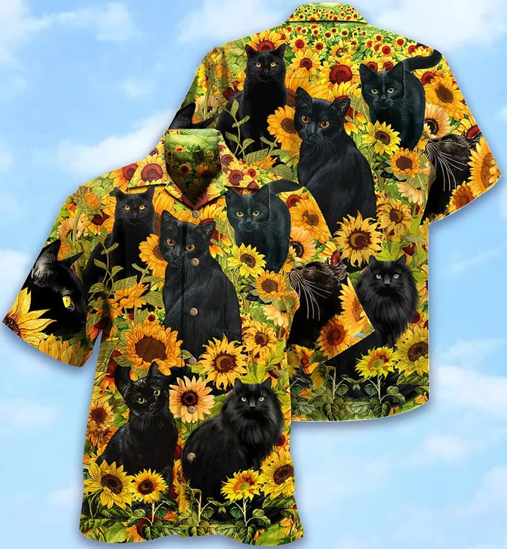 Black Cat Love Sunflower 3D All Over Printed Hawaiian Shirt HO0756