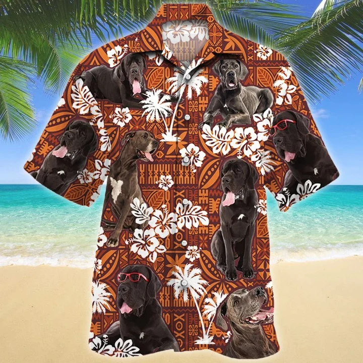 Black Great Dane Dog Lovers On Red Tribal Pattern Hawaiian Shirt HO1953